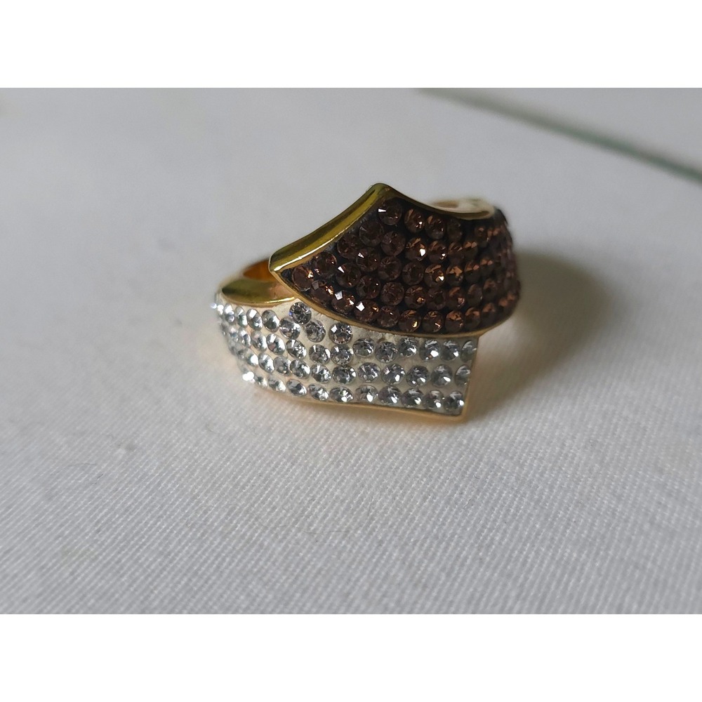 Vintage 18K Gold Electroplated Two Tone Crystal Pave Bypass Ring Size 7